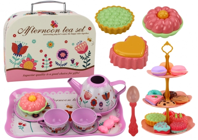 Tea Set in Suitcase - Cups, Plates, Stand & Cookies