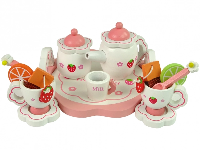 Wooden Tea Set with Pink Flowers