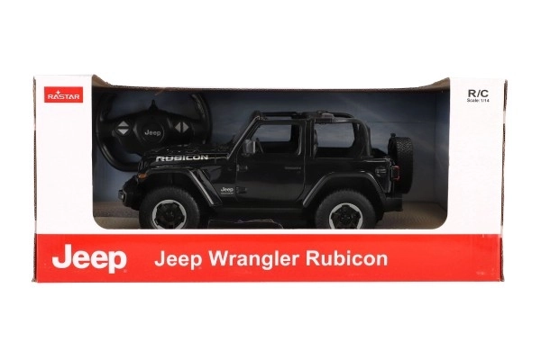 Auto RC Jeep Wrangler Rubicon noir plastique 29cm 2,4GHz télécommande à piles en boîte 44x19x26cm