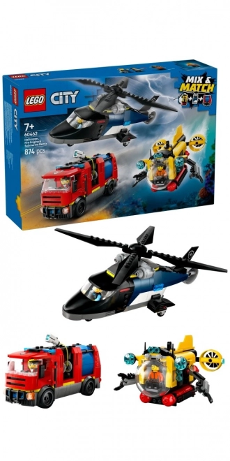 Lego City Helicopter and Fire Truck Set with Submarine