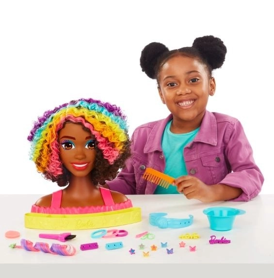 Barbie Styling Head Neon Rainbow Curly Hair