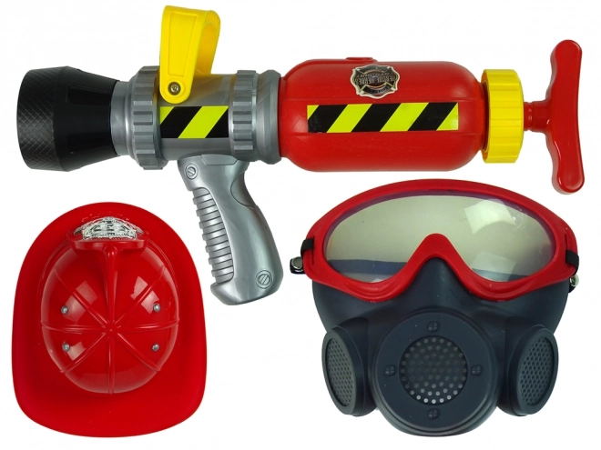 Firefighter Set with Water Extinguisher, Mask, and Red Helmet