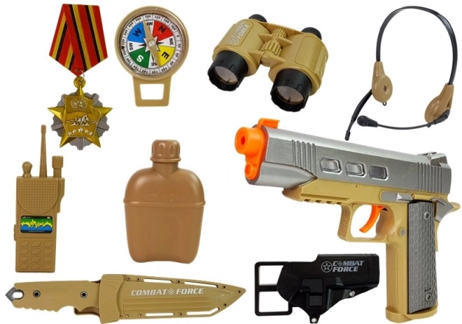 Military Playset with Accessories Pistol Knife Binoculars Headset Whistle Walkie-Talkie