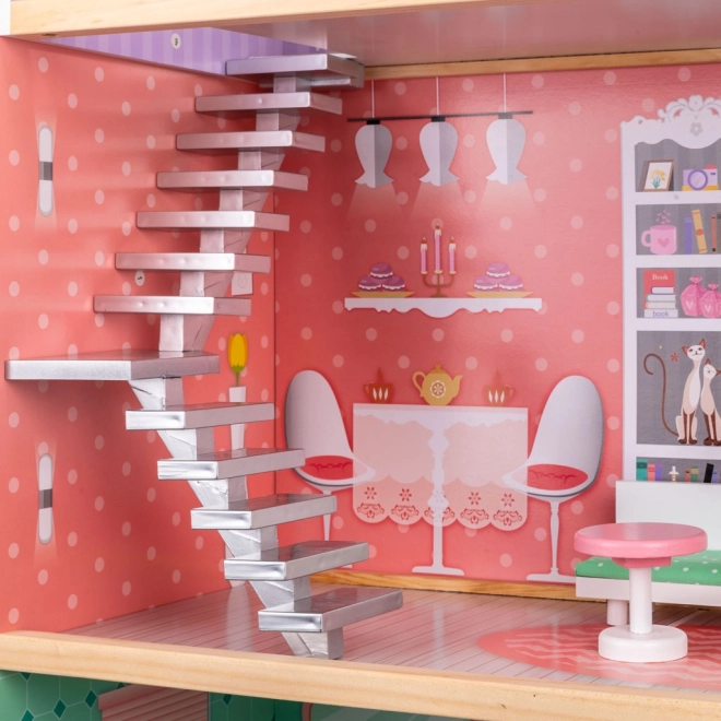 Wooden Dollhouse with Pastel Furniture