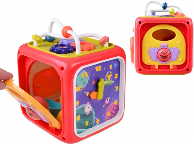 Clock, steering wheel, and shape sorter