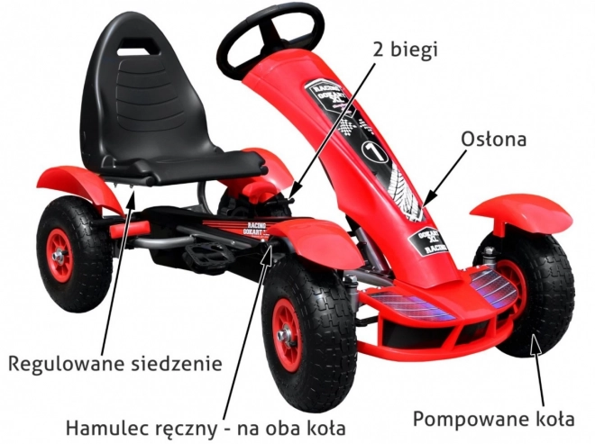 Racing Pedal Go-Kart XL for Kids 3+ Red + Inflatable Wheels + Adjustable Seat + Freewheel