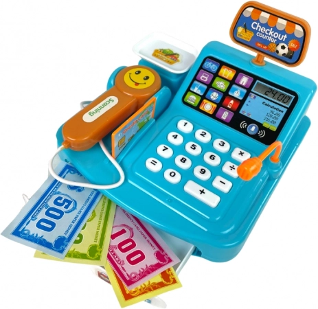 Cash register with scale, microphone, and card reader