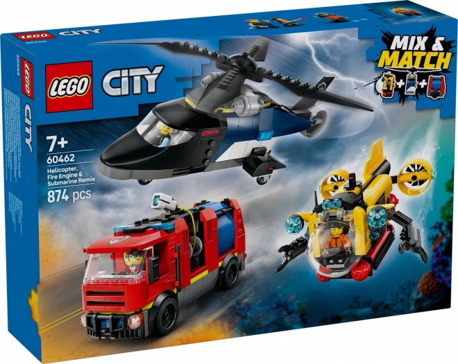 Lego City Helicopter and Fire Truck Set with Submarine