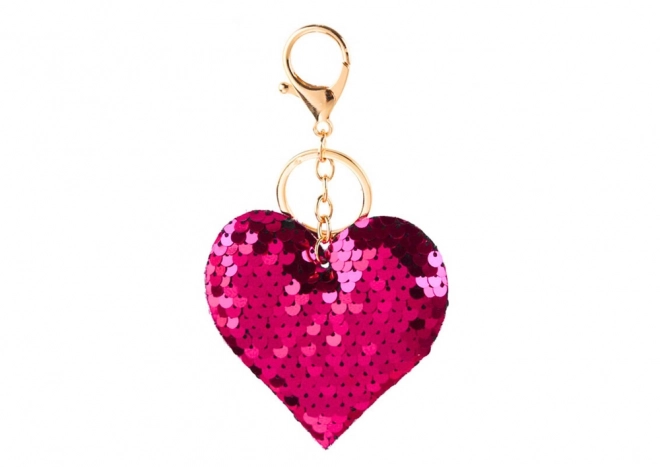 Heart Keychain with Reversible Sequins Silver Dark Pink