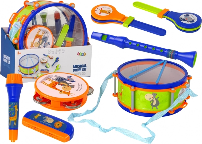 Instruments de musique pour enfants - Set tambour, tambourin, flûte, hochet, harmonica, animaux
