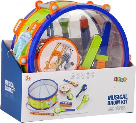 Instruments de musique pour enfants - Set tambour, tambourin, flûte, hochet, harmonica, animaux