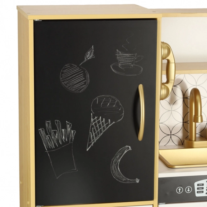 Children's Wooden Play Kitchen with Fridge and Blackboard – Gold