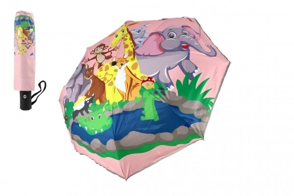 Colorful Kids Foldable Umbrella with Animal Prints - Pink