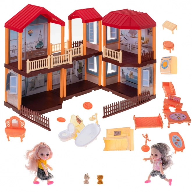 Doll House Villa with Red Roof, Lighting & Furniture Set