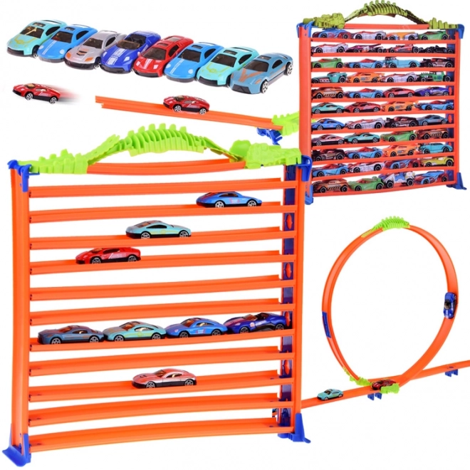 2-in-1 Loop Racing Track and Garage Playset for Toy Cars