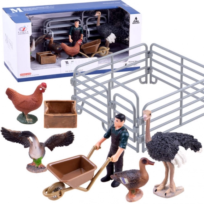 Farm Animal Figurine Set with Ostrich and Chicken – B