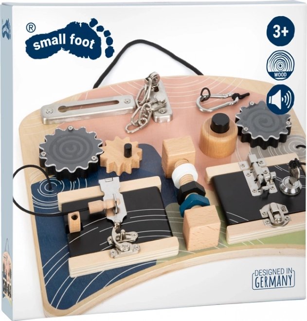 Small Foot Activity Board with Locks and Spinning Elements