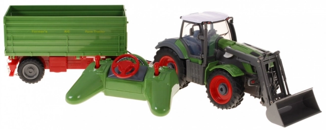 Remote Control Green Tractor with Trailer and Backhoe for Kids 3+