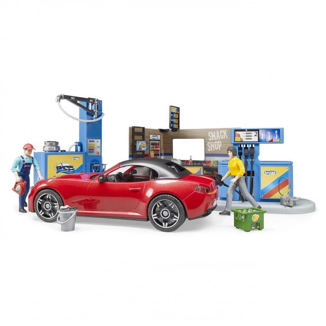 Bruder Gas Station with Car and 2 Figures