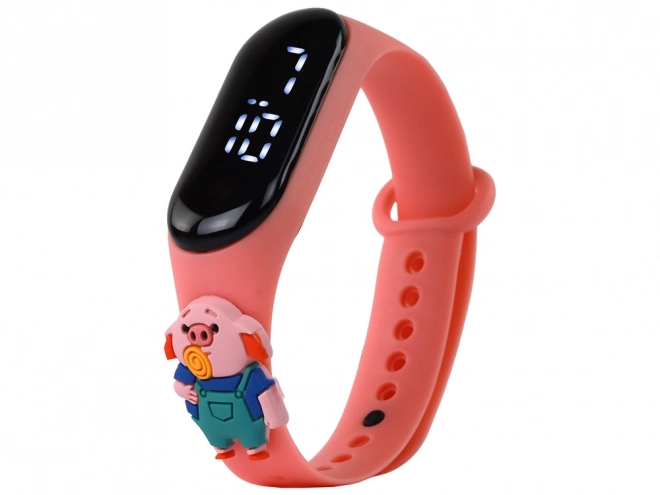 Touchscreen Watch with Piggy Motif and Pink Adjustable Strap