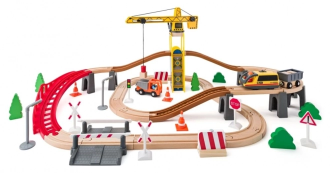 Wooden Construction Site Train Set with Crane