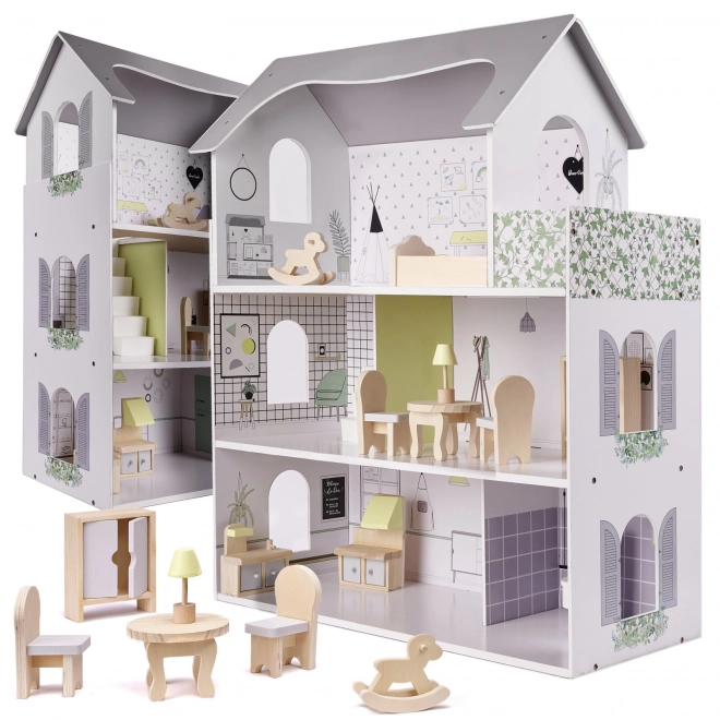 Wooden Dollhouse with Furniture Gray