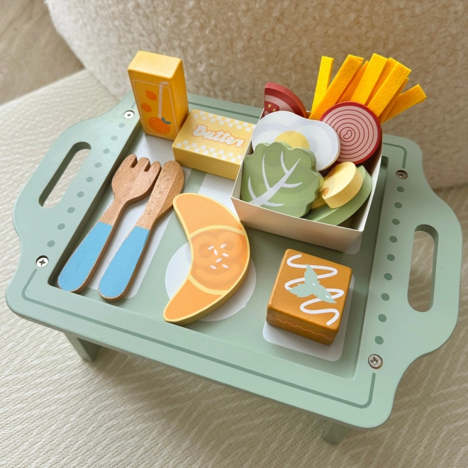 Set Colazione Woopie Green con Vassoio e Accessori in Legno Pastello