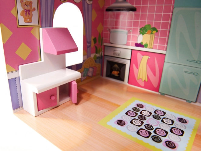 wooden dollhouse with pink LED lights