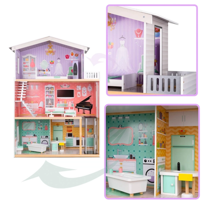 Wooden Dollhouse with Pastel Furniture