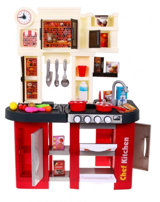 Interactive Red Children's Kitchen With Sound And Light Burners + Water Faucet + 58 Accessories