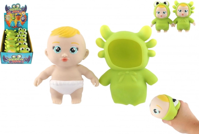 Antistressz szilikon szorongató játék – kisbaba állatjelmezben, 14 cm