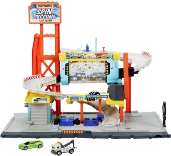 autolavaggio matchbox turbo cyclone – set di gioco multilivello con rampe e officina