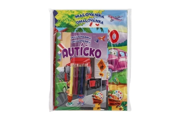 Dětské omalovánky a aktivity s autíčkem a pastelkami