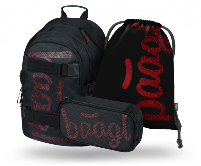 Baagl 3 Set Skate Red Backpack with Pencil Case & Shoe Bag