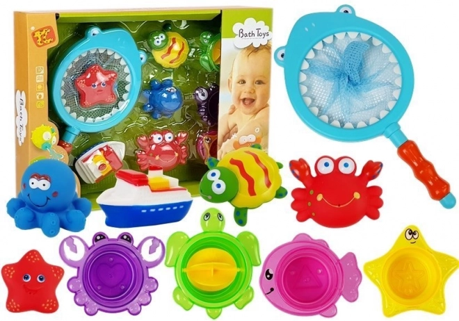 Colorful Bath Toy Set with Animals and Fishing Net