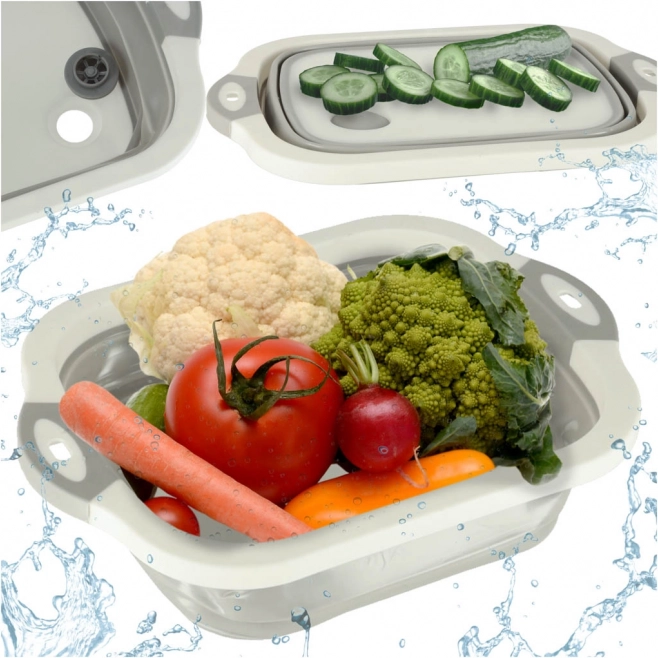 Collapsible silicone bowl with a drain and chopping board