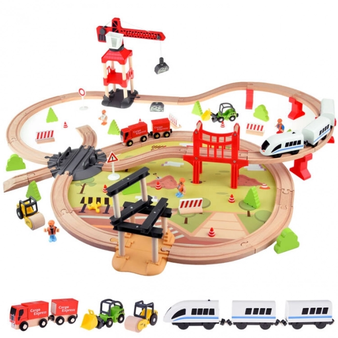 Wooden Train Set with Transport Base and Crane