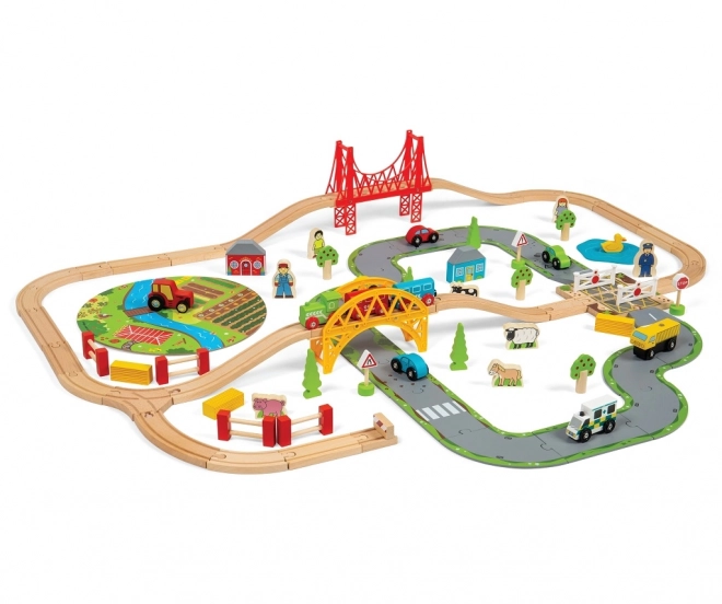 Bigjigs Rail Wooden Train Set with Country Road 80 Pieces