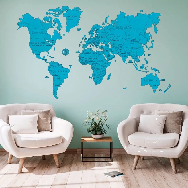 Wooden World Map 3D Wall Art - Natural Cyan XL