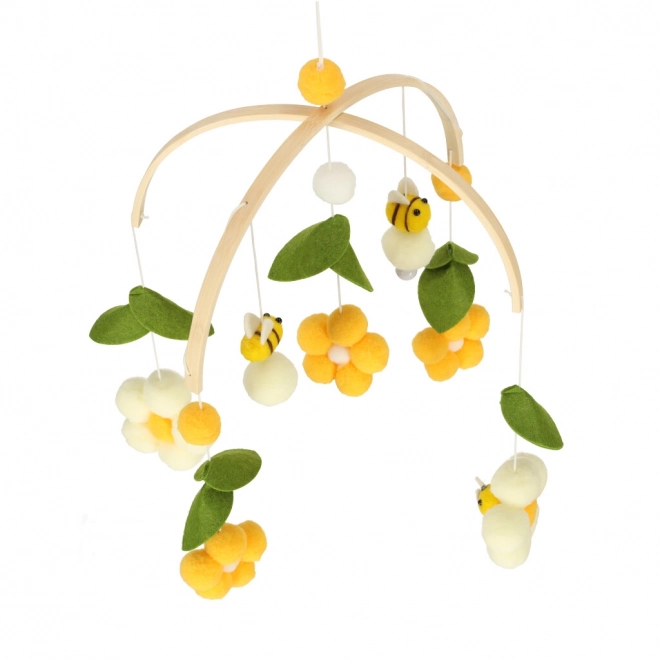 Wooden crib mobile with plush bee and flower hanging toys