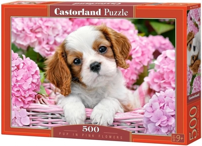 500 Piece Puzzle Pup in Pink Flowers