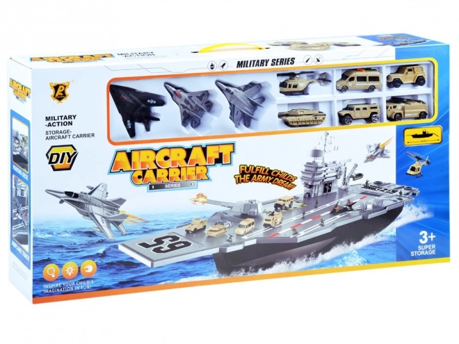 Large Military Aircraft Carrier with Planes and Vehicles