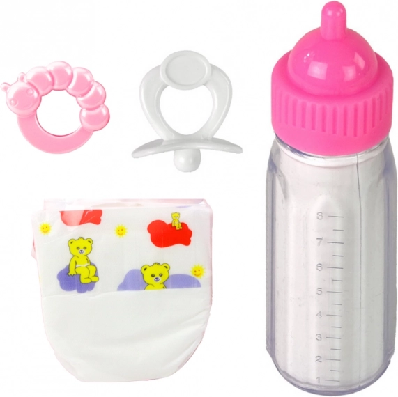 Set accessoires voor poppen met fles, speen, luier en rammelaar