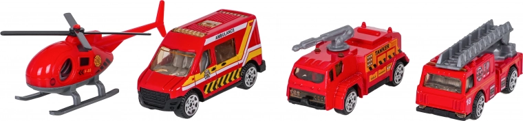 Die-cast fire trucks and helicopter
