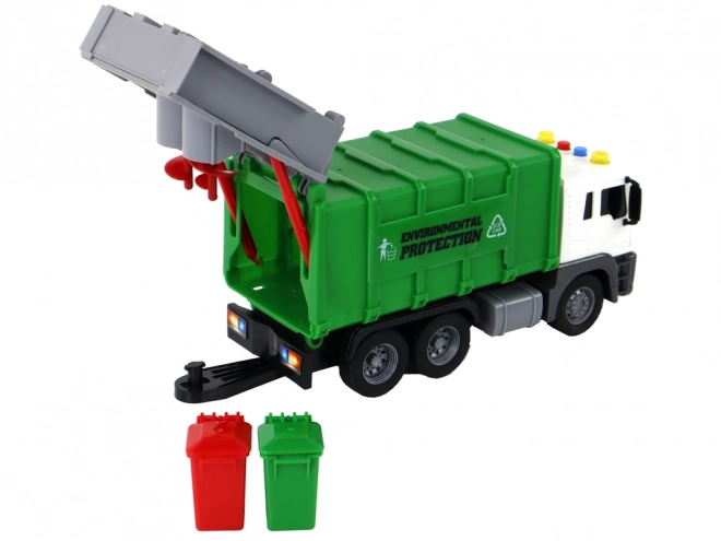 Green Friction-Powered Garbage Truck with Crane 1:16 Scale