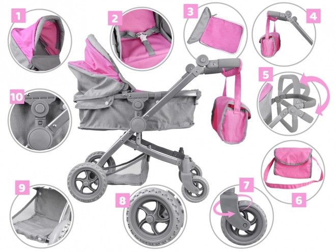 4-in-1 Doll Stroller with Bassinet – pink