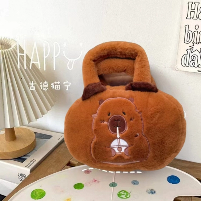 Pluchen tas met capibara en kopje bruin 20 cm