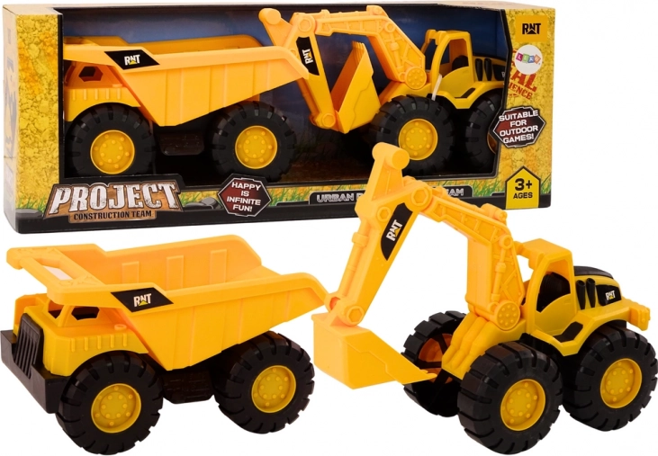 Construction Machines Set excavator dump truck moving yellow