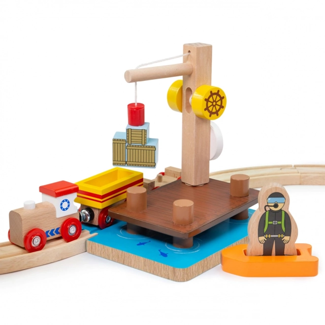 Bigjigs Rail Harbor Set with Crane, Boat, and Diver