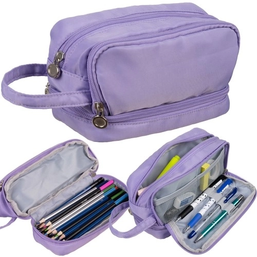 Large Purple School Pencil Case - Foldable with Three Compartments